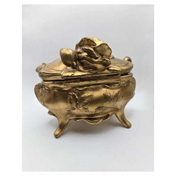 Beautiful Early 1900's Art Nouveau Ornate Gold Sculpted Rose Footed Jewelry Cask - Picture 2 of 9